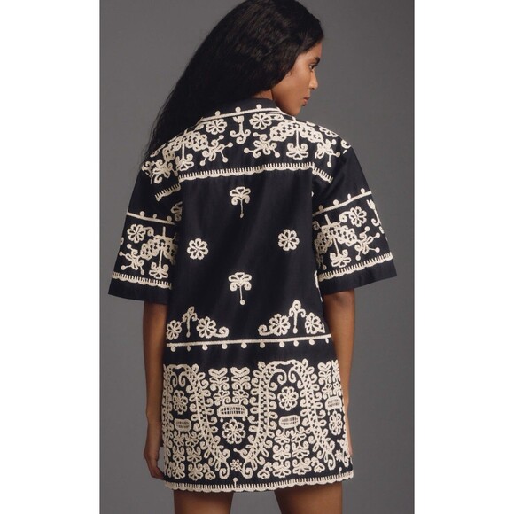 Anthropologie Maeve Mini Shirt Dress Black Embroidery Boho Retro Preppy Sz S NWT - Picture 5 of 13